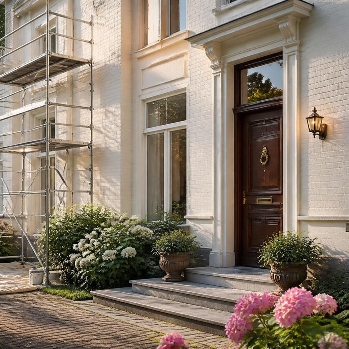 Fris geschilderde gevel van een woning in warm daglicht