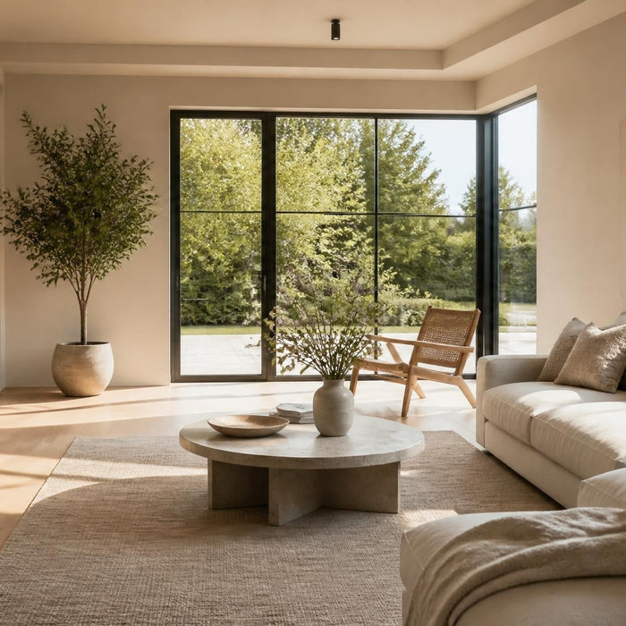 Lichte nieuwbouwwoonkamer met strak afgewerkte behangklare muren en warme natuurlijke materialen.