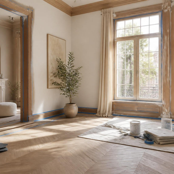 Lichte woonkamer in Nederlandse woonstijl met schildervoorbereiding, afplaktape en verfmaterialen in rustige luxe sfeer.