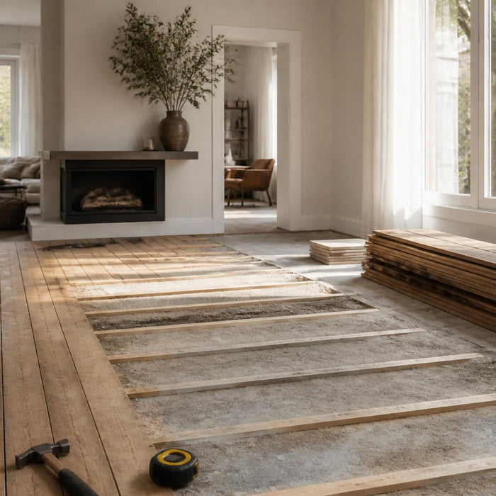 Lichte woonkamer in renovatie waarbij een oude vloer deels is verwijderd en de ondervloer zichtbaar is.