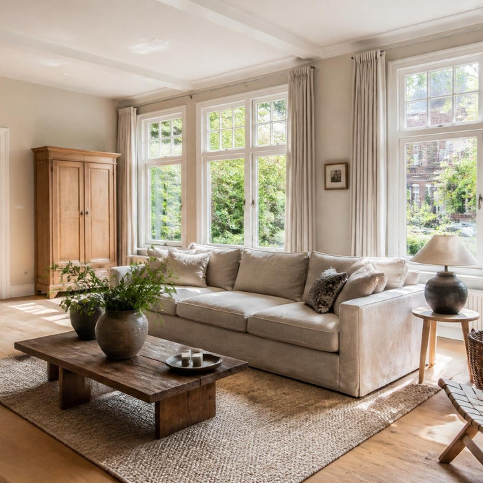 Lichte woonkamer met strak geschilderde binnenkozijnen in een rustige en luxe woonstijl.