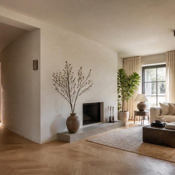 Lichte woonkamer met strak gestucte muren en plafond in een rustige luxe woonstijl