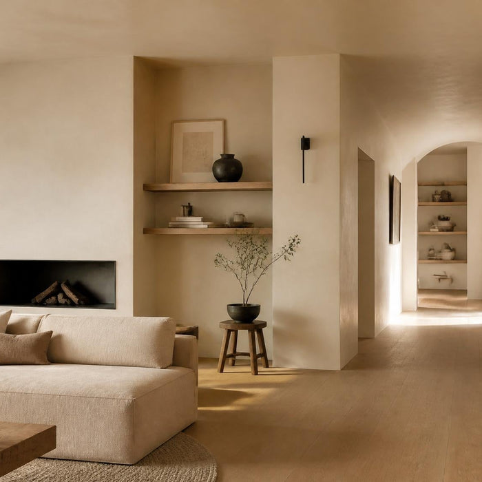 Lichte woonkamer met strak gestucte muren en plafond in een rustige luxe woonstijl.