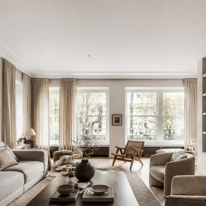 Lichte woonkamer met strak wit geschilderd plafond in warme, rustige woonstijl