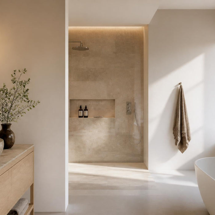 Luxe badkamer met strak gestucte muren, natuurlijke materialen en warm daglicht.