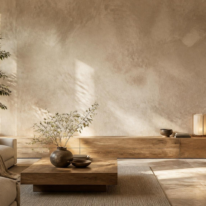 Luxe woonkamer met een brede accentmuur van Venetiaans stucwerk in warme natuurlijke tinten.