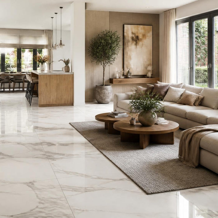 Luxe woonkamer met open keuken en een grote marmeren tegelvloer in warme lichte tinten.