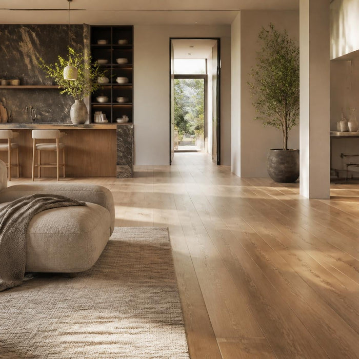 Luxe woonruimte met strak gelegde vloer in woonkamer en open keuken