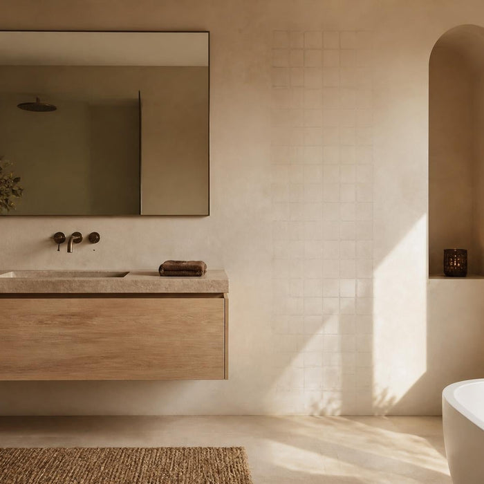 Moderne badkamer met strak gestucte wand als luxe alternatief voor oude tegels