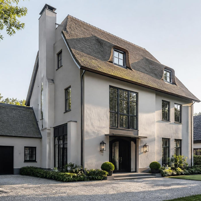 Moderne Nederlandse woning met strak afgewerkte gevelpleister in warm daglicht.