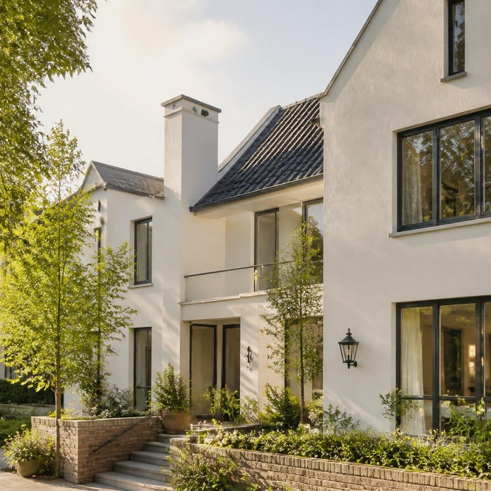 Moderne woning met strak afgewerkte crepi gevel in warm daglicht