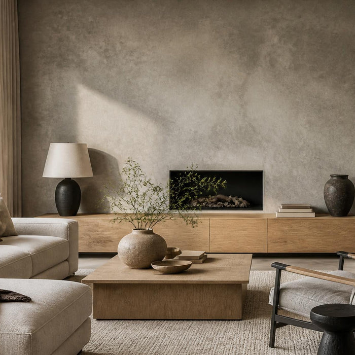 Moderne woonkamer met een warme betonlook verf muur in greige tinten en natuurlijke materialen.