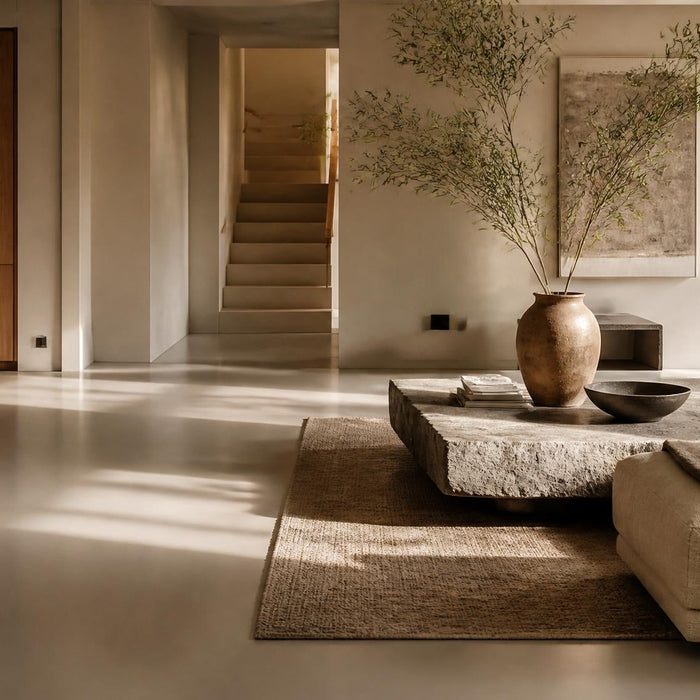 Moderne woonkamer met naadloze gietvloer in rustige luxe woonstijl