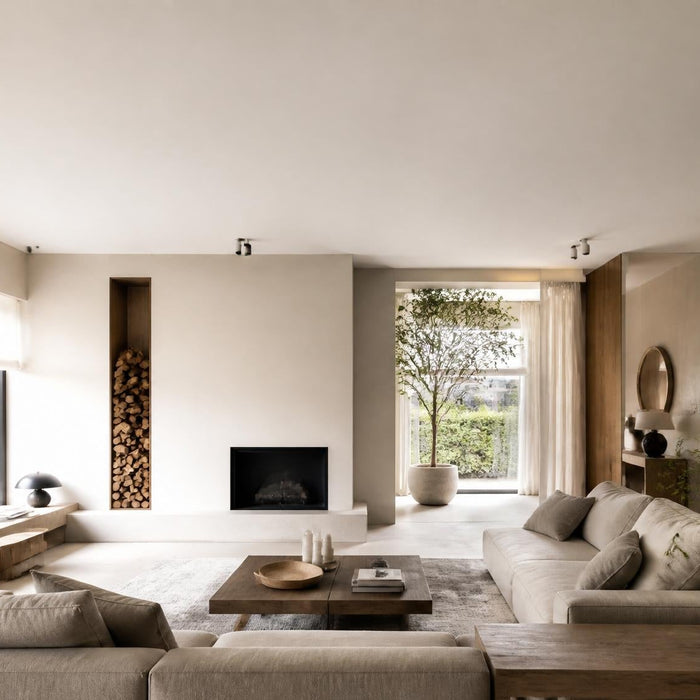 Moderne woonkamer met strak egaal wit plafond afgewerkt met gespoten latex