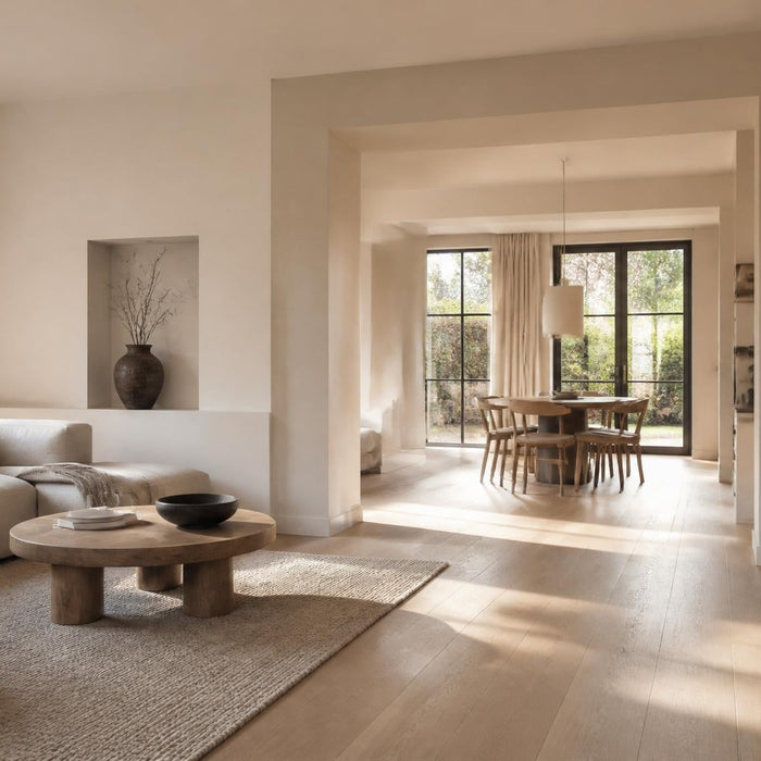 Moderne woonkamer met strak gespoten latex op muren en plafond in warme natuurlijke tinten