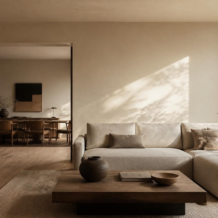 Moderne woonkamer met strak sausklaar stucwerk op muren en plafond in warm daglicht.