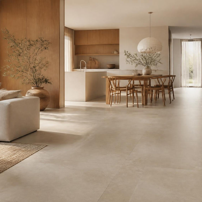 Open woonkamer en keuken met grote beige vloertegels als rustige en stijlvolle basis