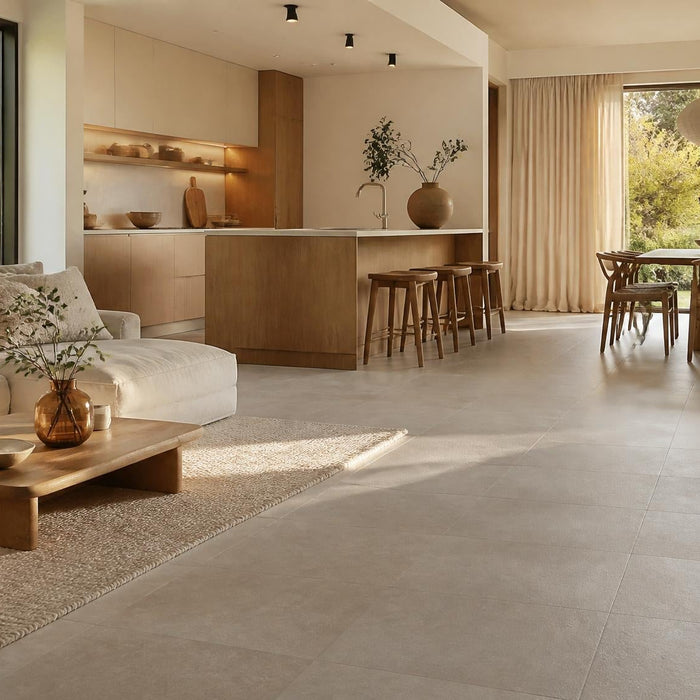 Open woonkamer met keuken en een keramische tegelvloer in warme greige tint als rustige luxe basis