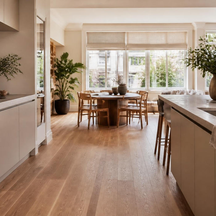 Open woonkeuken met houten vloer in lichte eik en warme, rustige luxe uitstraling
