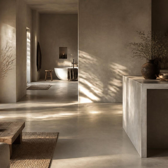 Ruim modern interieur met beton ciré op vloer en wand in warme, rustige luxe stijl