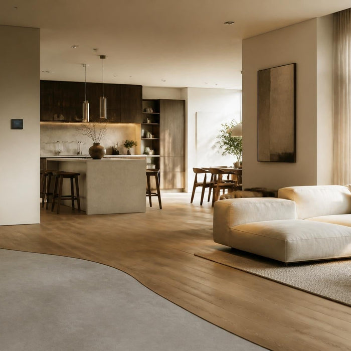 Ruim modern interieur met een strak geëgaliseerde vloer als basis voor een hoogwaardige vloerafwerking.