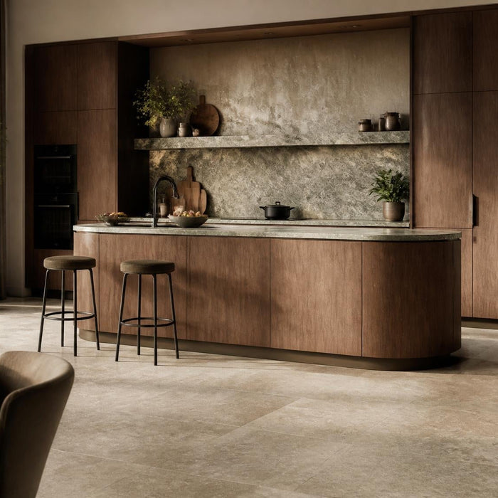 Ruime moderne keuken met een stijlvolle tegelvloer in warme beige en greige tinten, verlicht door natuurlijk daglicht.