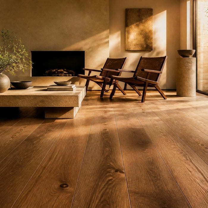 Ruime stijlvolle woonkamer met een geoliede houten vloer in warm daglicht