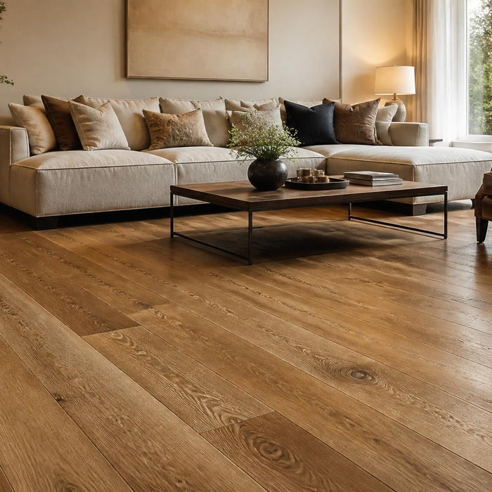 Ruime woonkamer met een hoogwaardige houten vloer in warm daglicht, als sfeerbeeld voor de levensduur van een houten vloer.