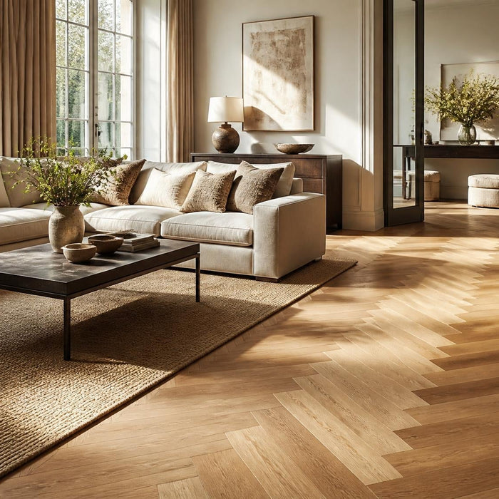 Ruime woonkamer met een houten visgraat vloer in licht eiken, warm daglicht en een rustige luxe uitstraling.