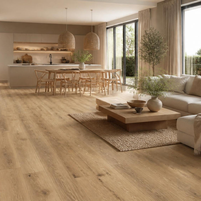 Ruime woonkamer met een warme houtlook klik PVC vloer in een rustig en luxe interieur.