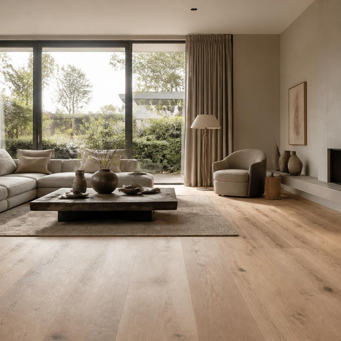 Ruime woonkamer met houten vloer en warme, rustige uitstraling passend bij vloerverwarming