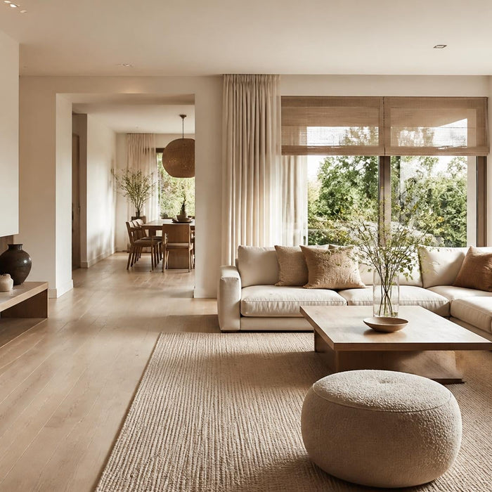 Ruime woonkamer met houtlook PVC vloer en warme, comfortabele uitstraling passend bij vloerverwarming.