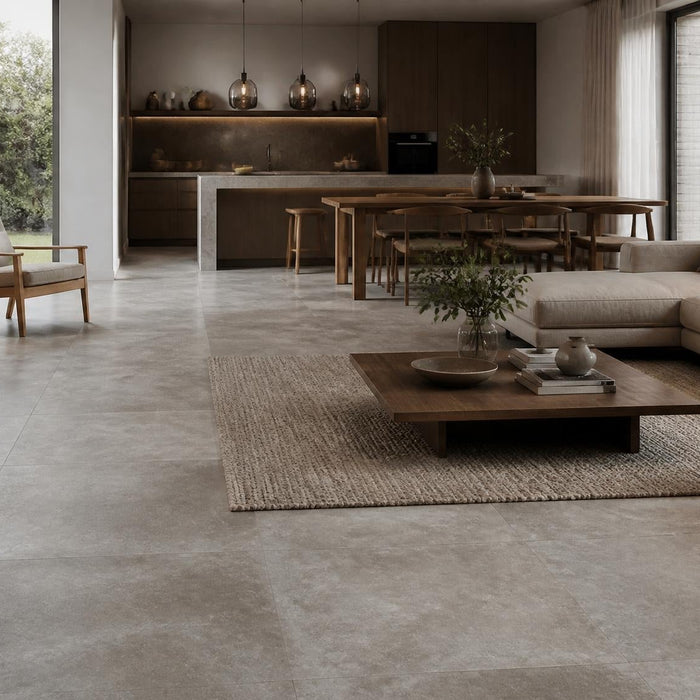 Ruime woonkamer met open keuken en een warme betonlook tegelvloer in een moderne stijlvolle inrichting.