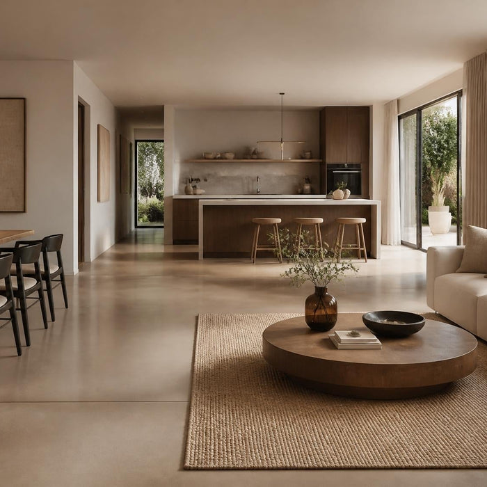 Ruime woonkamer met open keuken en warme greige epoxy gietvloer als rustige luxe basis