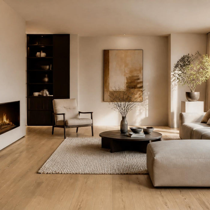Ruime woonkamer met strak gelegde plak PVC vloer in warme houtlook en rustige luxe uitstraling.