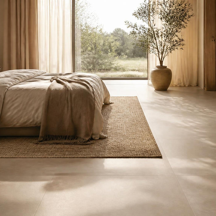 Rustige slaapkamer met een stijlvolle tegelvloer in warme beige tinten en natuurlijke materialen.