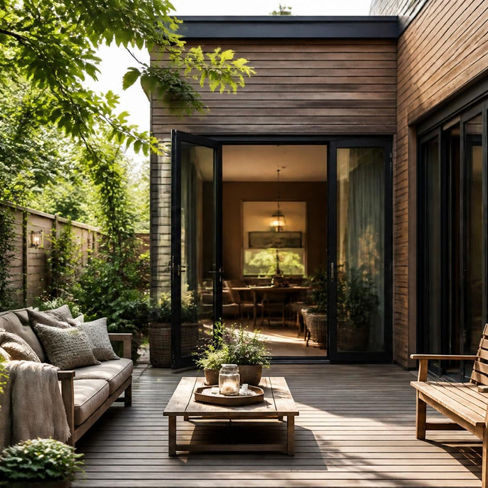 Sfeervol beeld van een woning met gebeitst hout aan gevel, schutting en tuinmeubels.