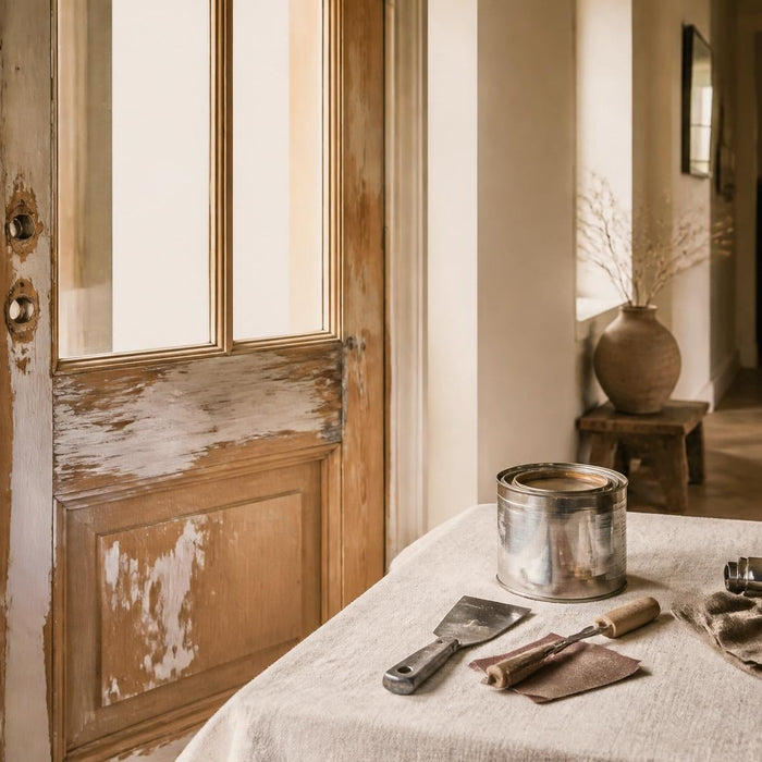 Sfeervol breed beeld van een nette renovatiehoek met gedeeltelijk verwijderde verf op een houten deur en kozijn.