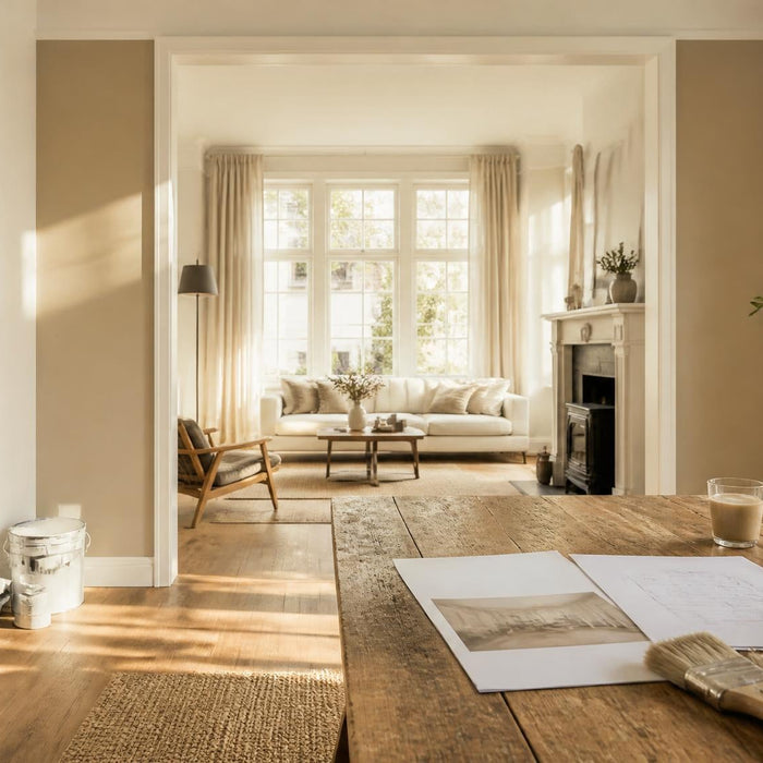 Sfeervol breed beeld van een nette woonkamer met vers schilderwerk en een offertegesprek in luxe woonstijl.