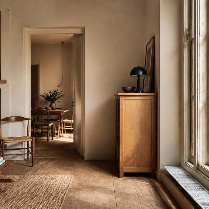 Sfeervol interieur met een kozijn en muur waar de verf op enkele plekken zichtbaar afbladdert.