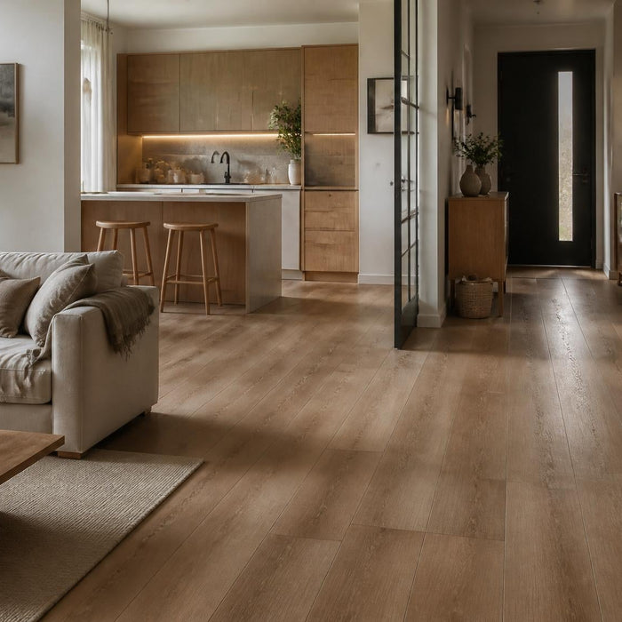 Sfeervol interieur met een schone en goed onderhouden PVC vloer in woonkamer en keuken