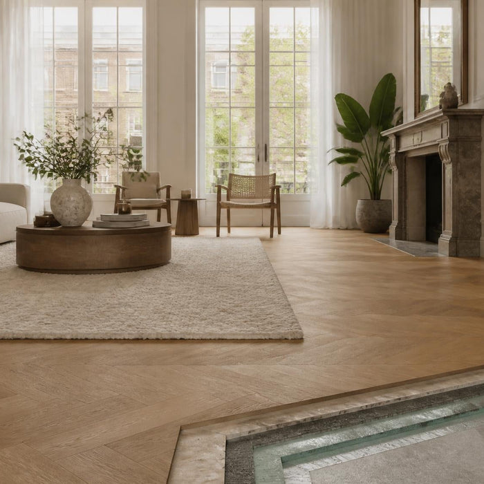 Sfeervol interieurbeeld van een woonkamer met premium vloer en subtiel zichtbare vloeropbouw die een geluidsisolerende ondervloer suggereert.