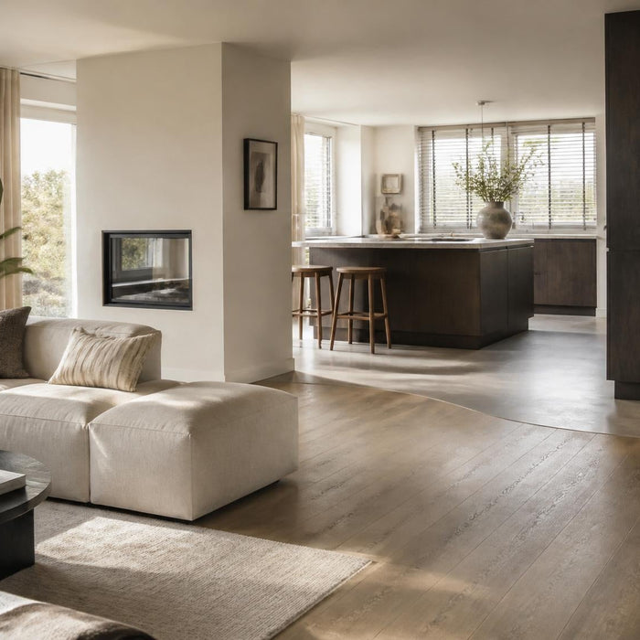 Sfeervolle premium woonkamer met PVC vloer in warm daglicht, passend bij de keuze tussen klik en plak PVC.