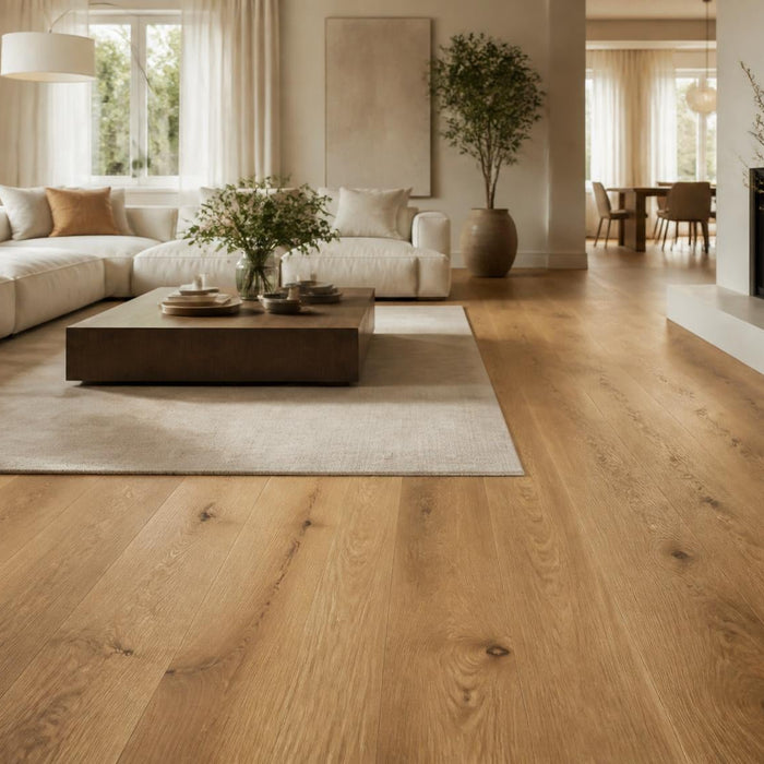Sfeervolle woonkamer met een premium houten vloer in warm daglicht