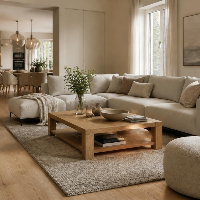 Sfeervolle woonkamer met laminaatvloer in lichte houttint, warm daglicht en rustige luxe inrichting.