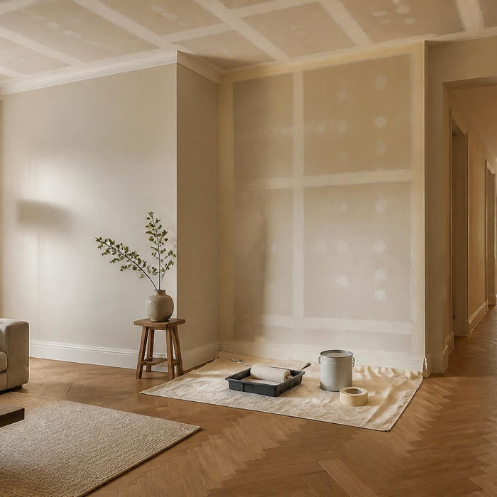 Stijlvol interieur met muren en plafond die voorbereid zijn op het overschilderen van nicotineaanslag.