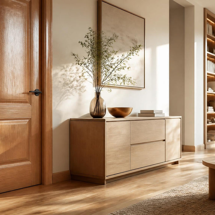 Stijlvol interieur met strak gelakte deur, plinten en houten kast in warm daglicht