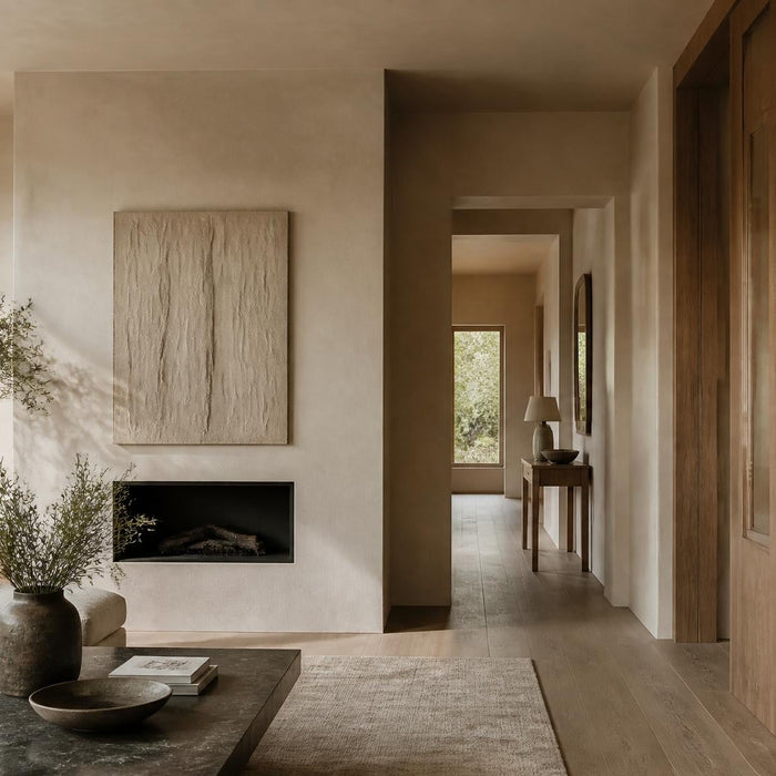 Stijlvol interieur met verschillende soorten strak en decoratief stucwerk in een rustige luxe woonstijl.