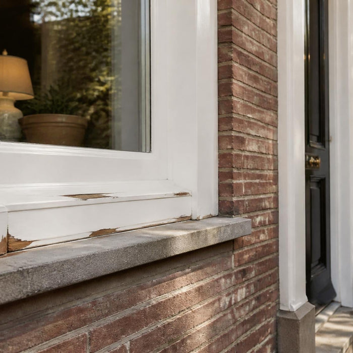 Stijlvol Nederlands gevelbeeld met houten kozijn waarin beginnende houtrot en herstel zichtbaar zijn.