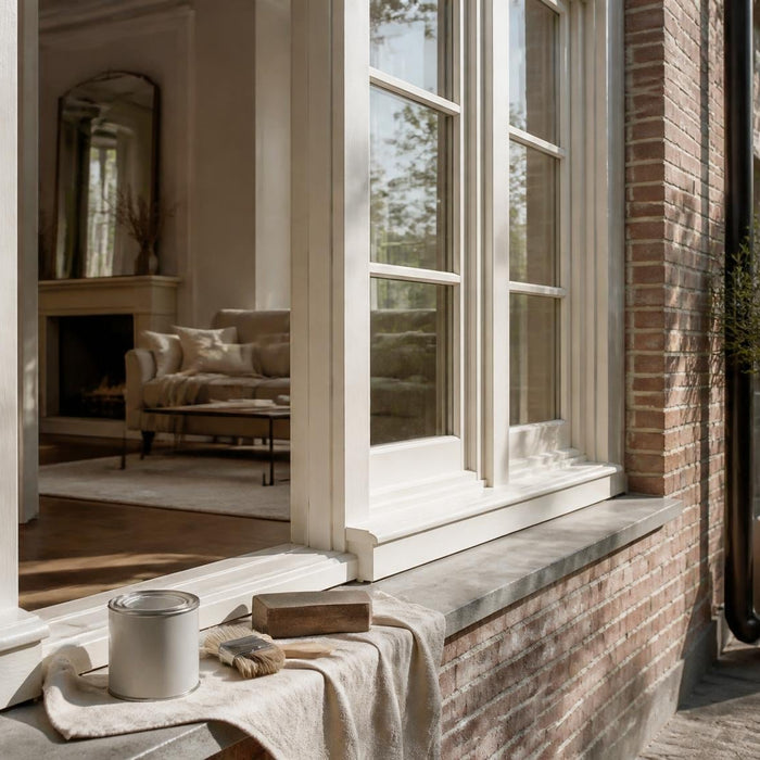 Stijlvol Nederlands woonbeeld met geschilderde houten kozijnen en subtiele schildersmaterialen in warm daglicht.